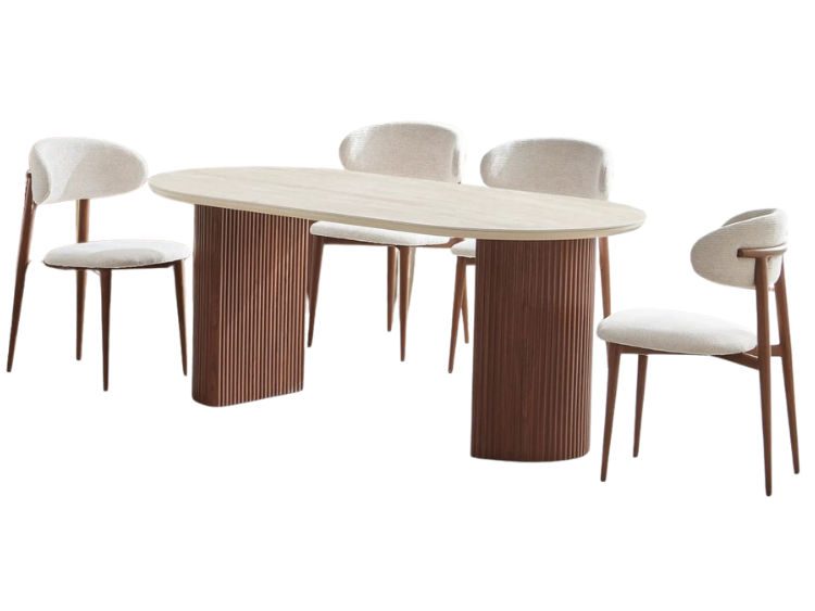 Table à manger moderne ronde en bois avec piètement design et chaises assorties