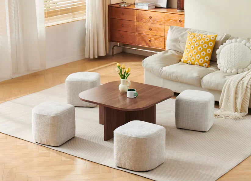 Table Basse Carrée 80 cm avec 4 Poufs Intégrés – Effet Noyer &amp; Tissu Crémona