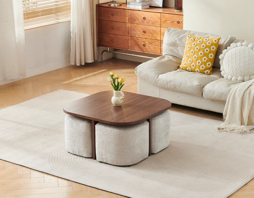 Table Basse Carrée 80 cm avec 4 Poufs Intégrés – Effet Noyer &amp; Tissu Crémona