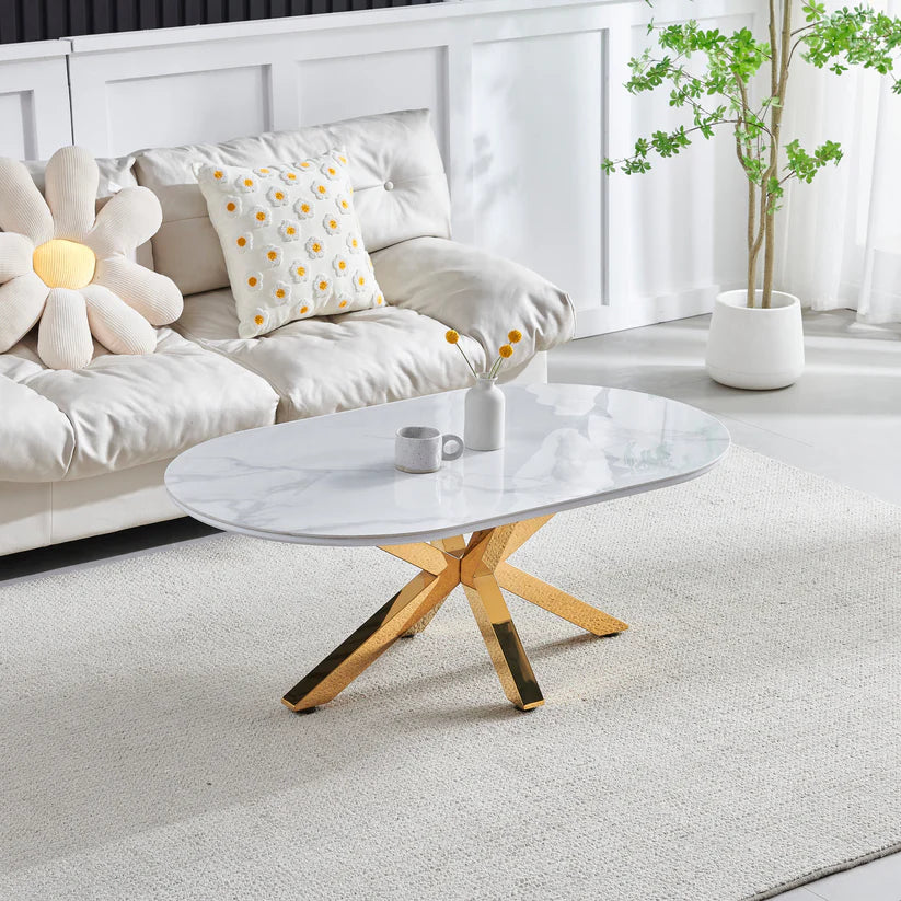 Table Basse Ophelia Ovale 120 cm – Effet Marbre Blanc & Pieds Dorés